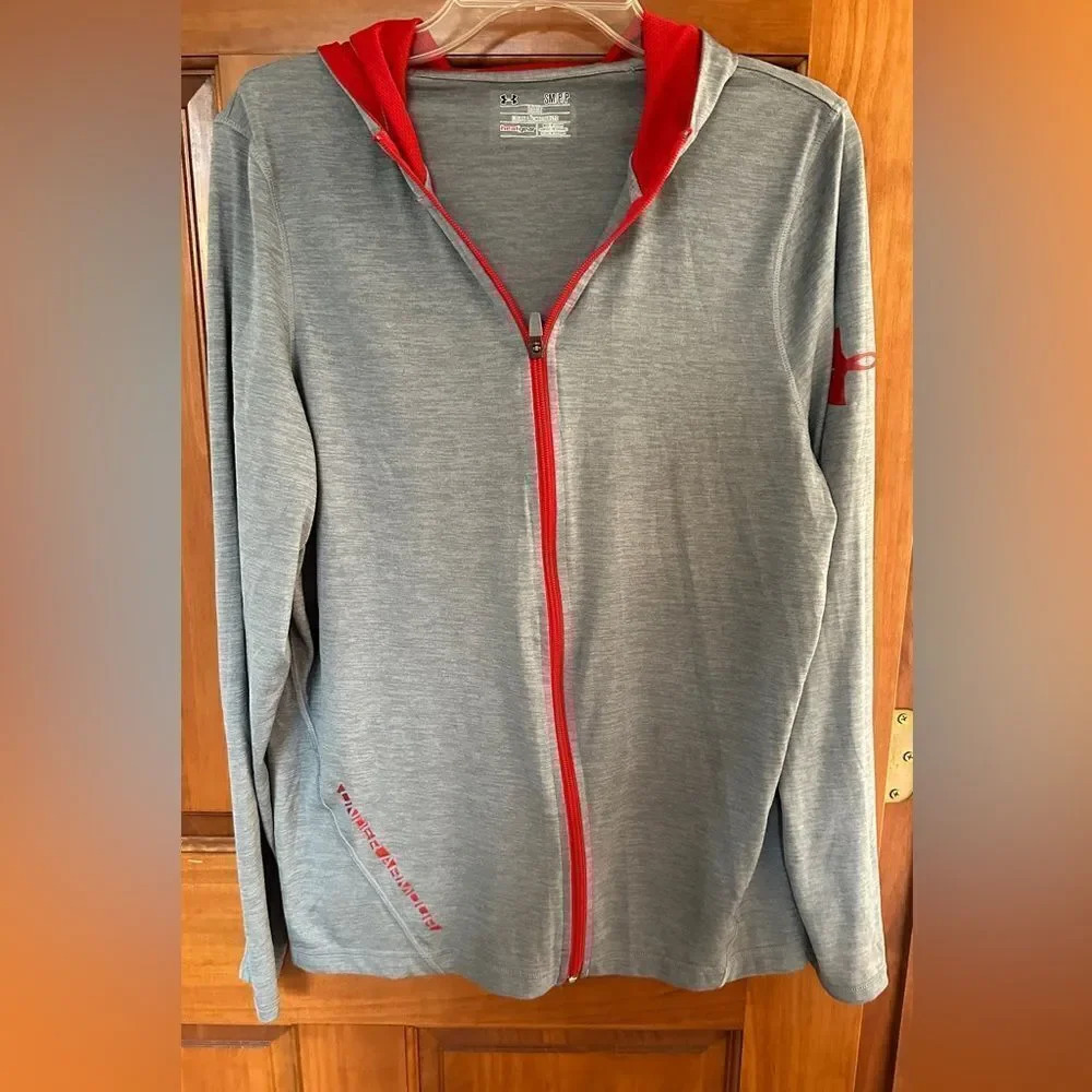 Under Armour men’s loose heat gear zip up.  Red and grey - size small